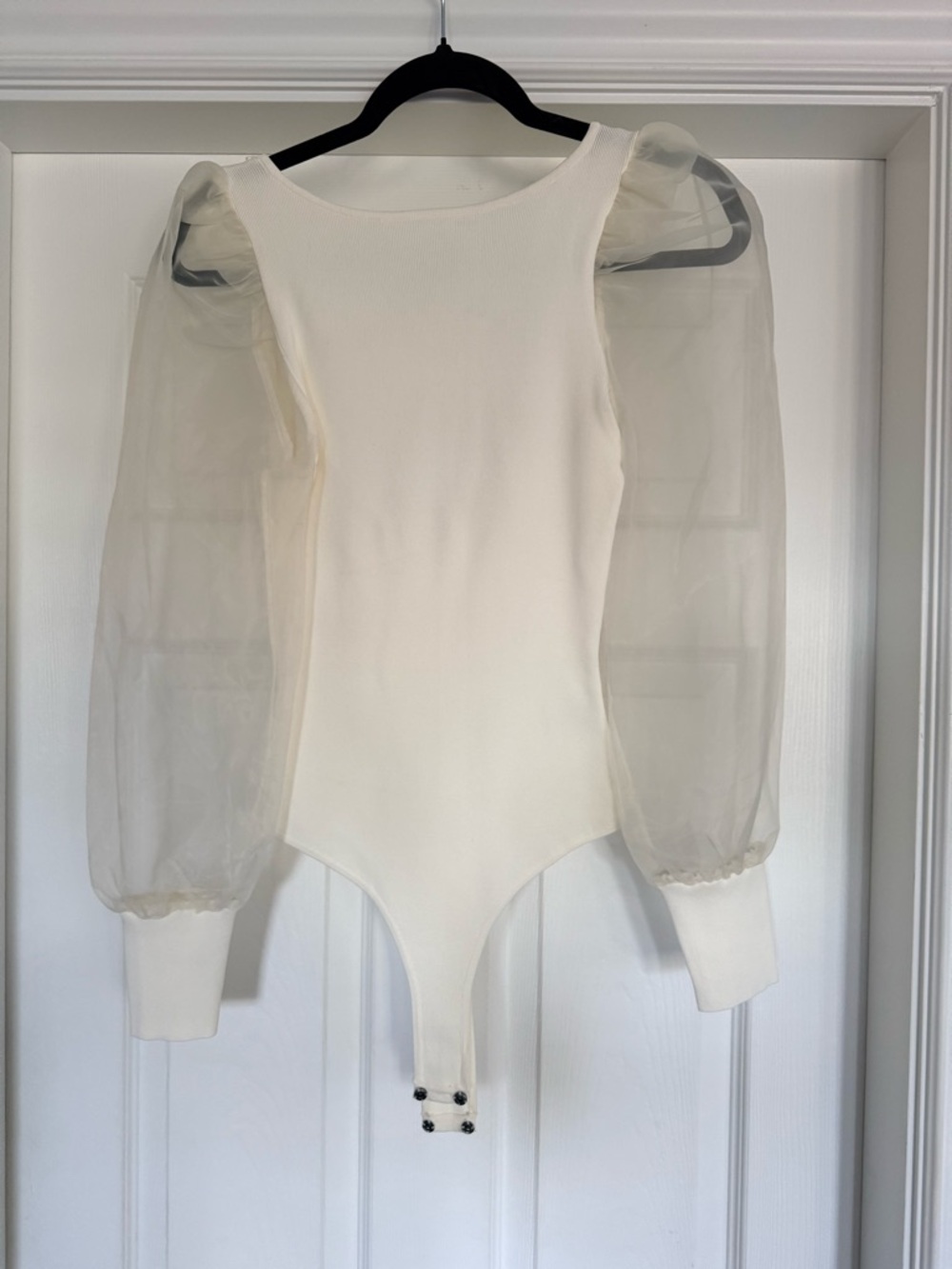 Astr Cream Puff-Sleeve Sheer-Sleeve Scoop Back Bodysuit